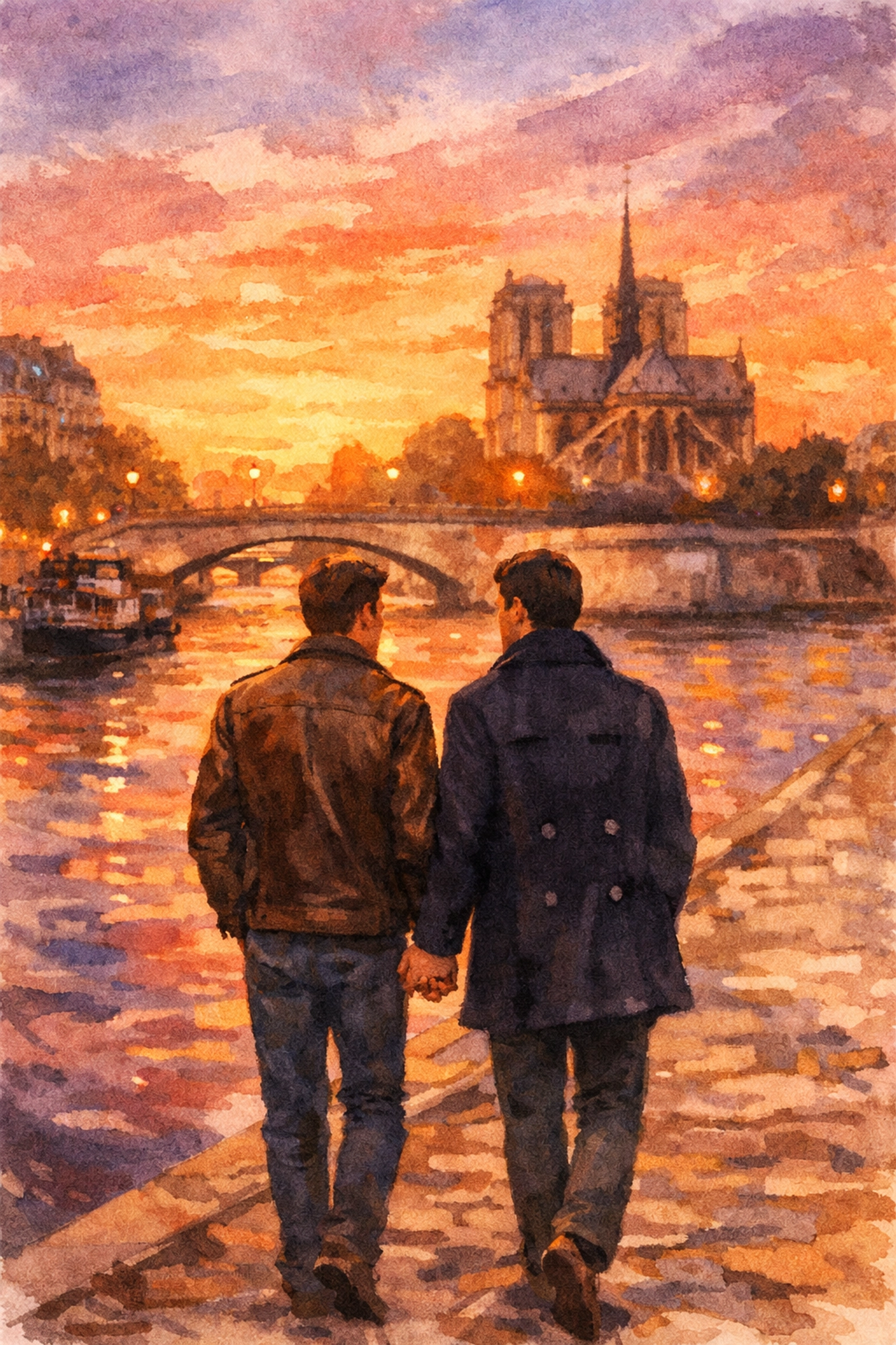 Two men holding hands walking along Seine River at sunset in Paris