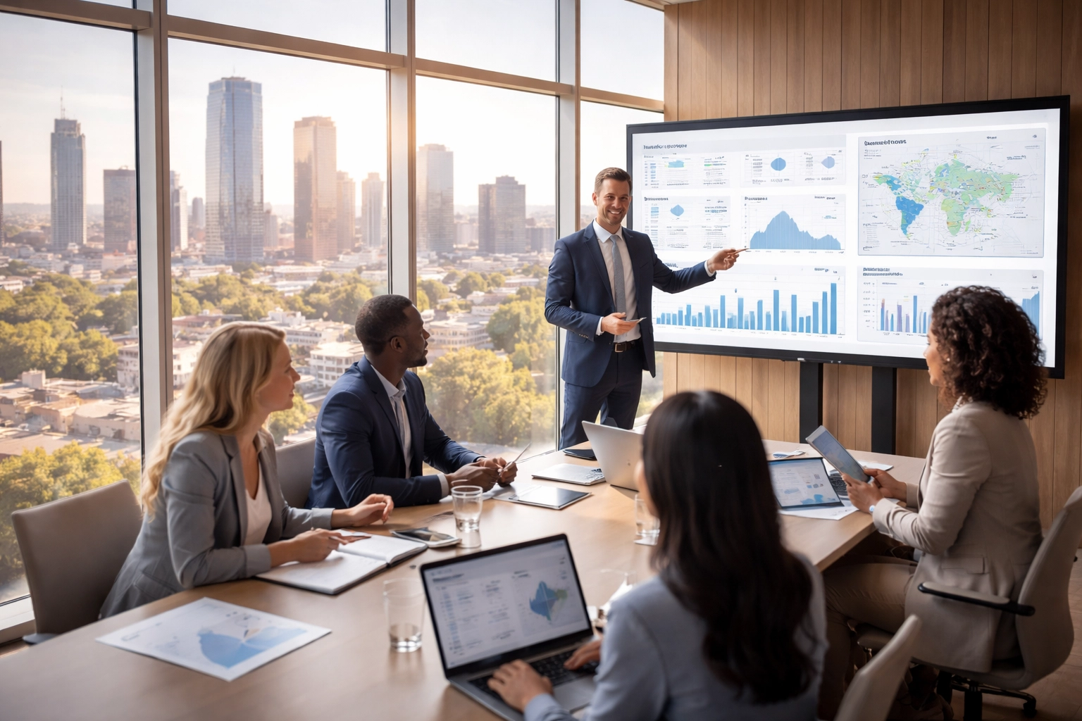 Team of real estate agents discussing data-driven marketing strategies in a modern office overlooking a city skyline