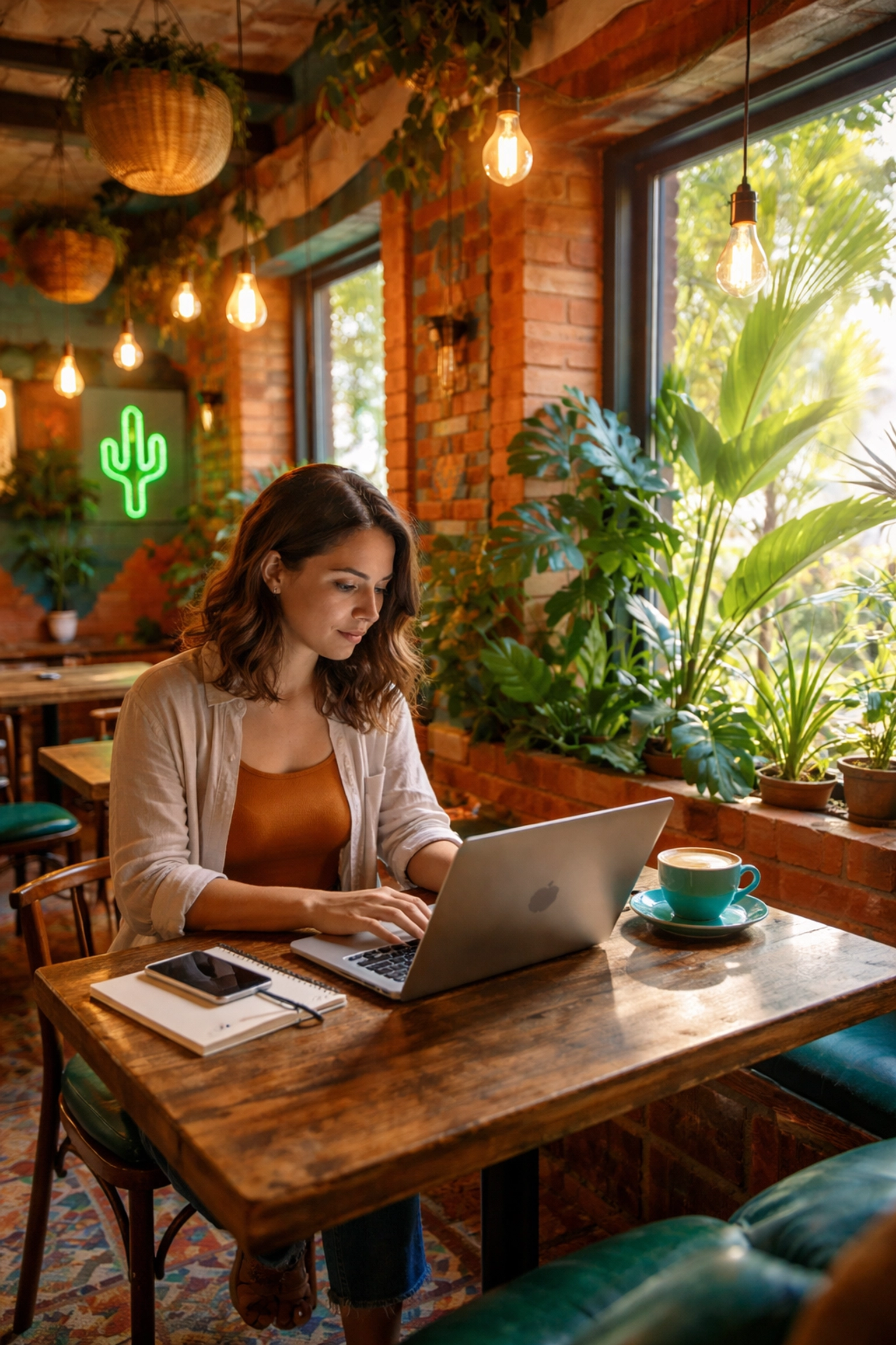 Trendy Puerto Vallarta café with remote workers, cozy decor, and laptop-friendly workspace for digital nomads.