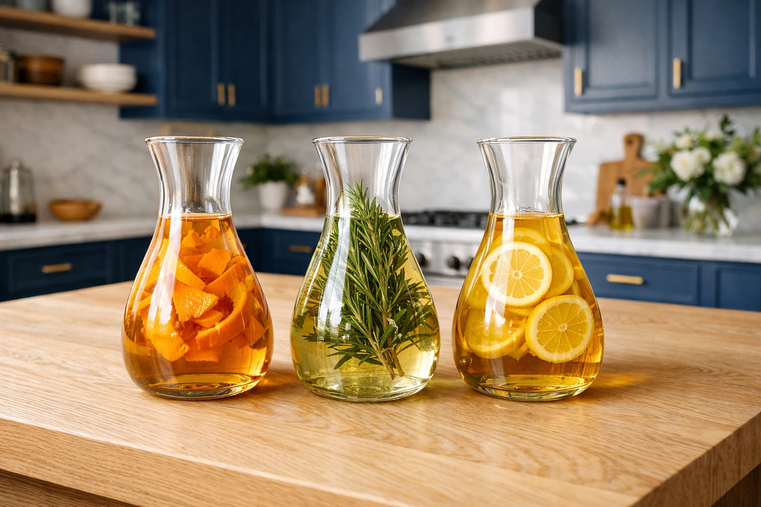 Infused cleaning vinegar in glass bottles with citrus and herbs in a high-end, professionally cleaned kitchen.