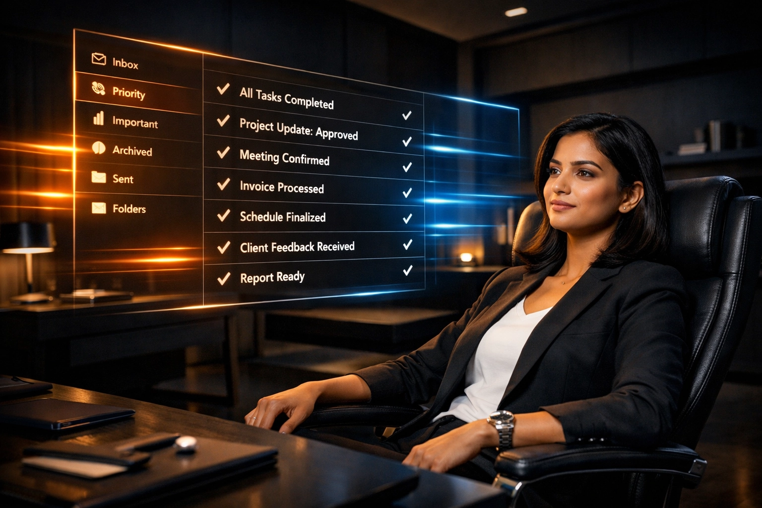 A high-contrast, premium dark-mode graphic showing a cluttered calendar transforming into a streamlined, color-coded schedule with orange and blue accents.