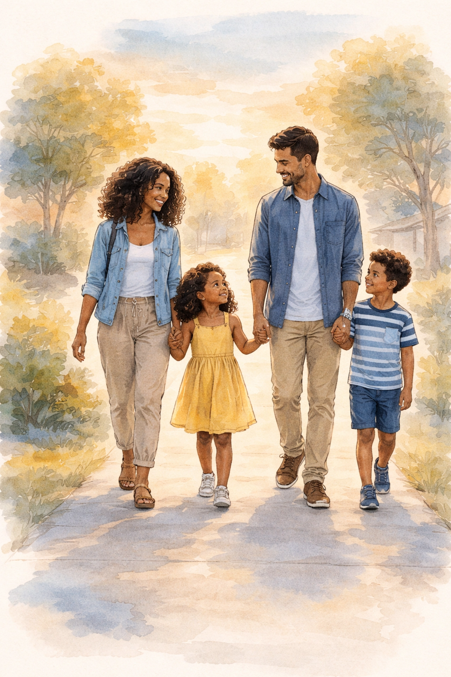 Illustration of a diverse family walking together on a sunlit suburban sidewalk, symbolizing family bonding during evening walks.