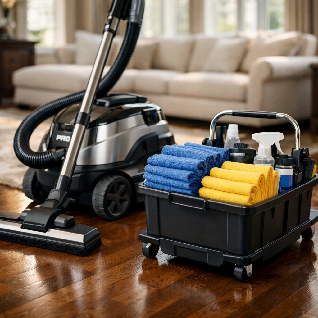 Professional cleaning supplies and a vacuum on a pristine hardwood floor in a Lancaster, MA home.