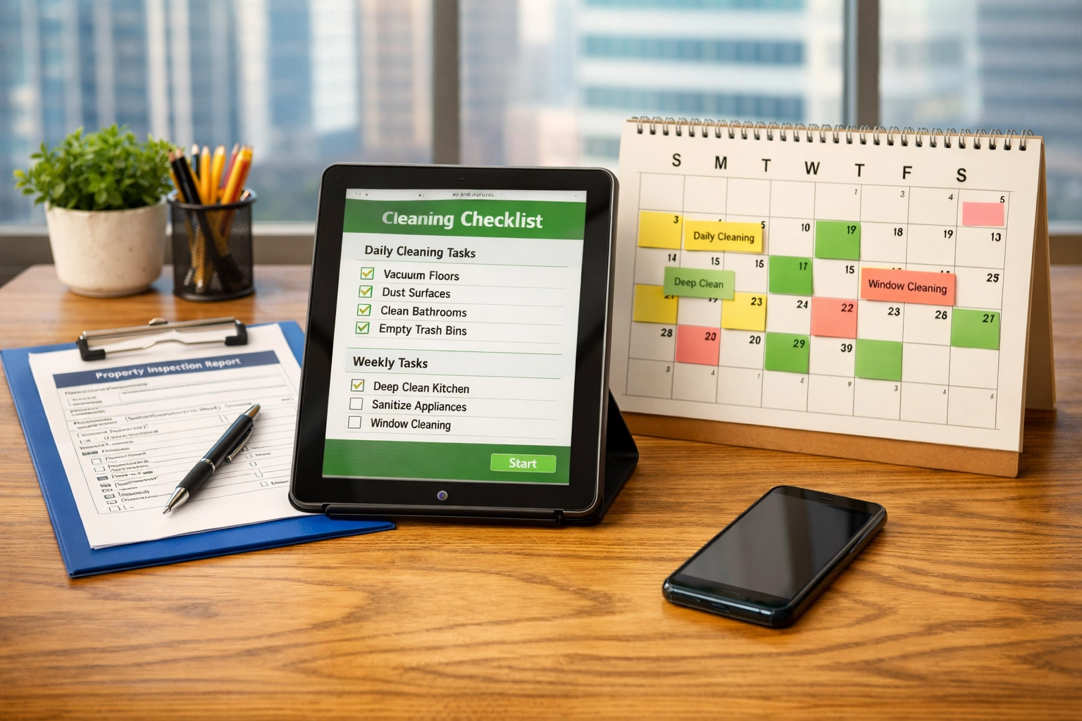 Property manager desk with cleaning checklists and scheduling calendar