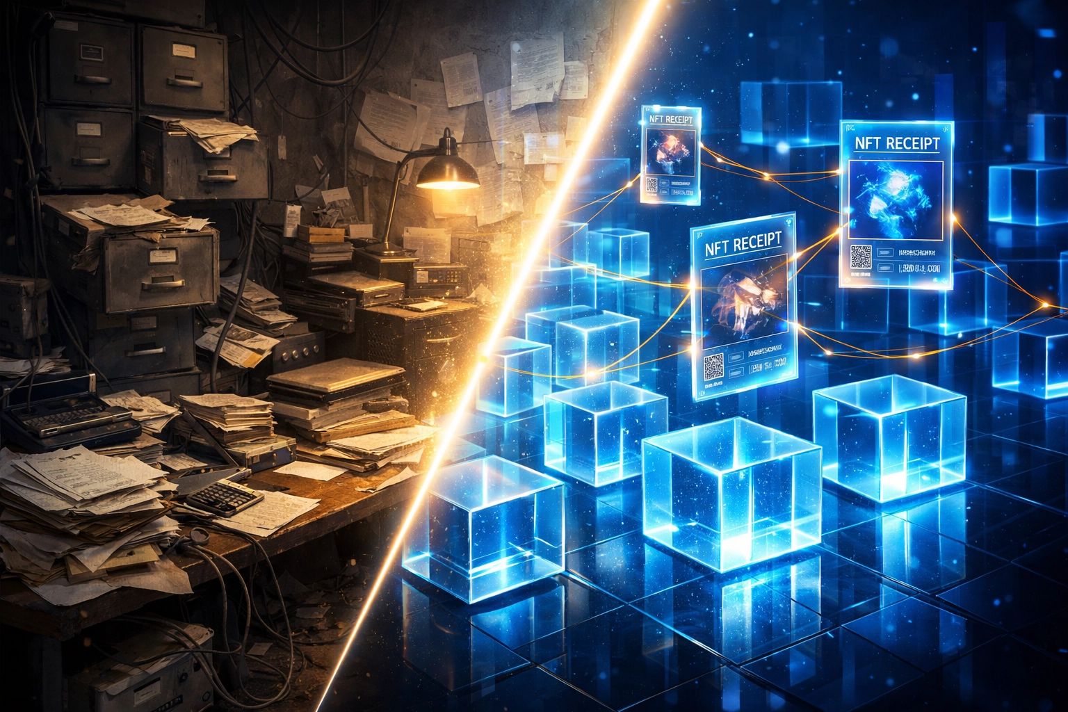 Automated merchant accounting showing a shift from cluttered ledgers to secure blockchain NFT receipts.