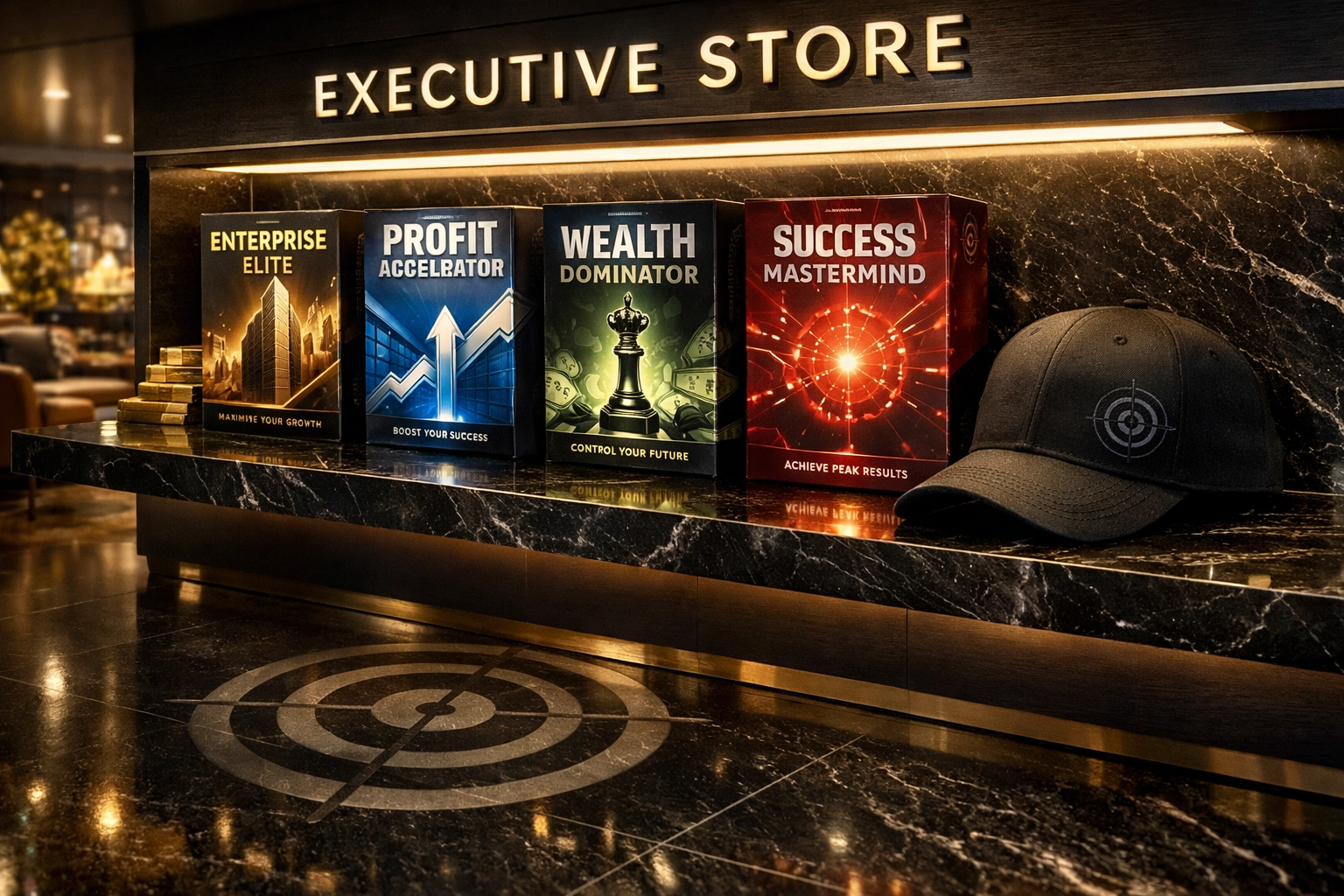 Executive display of working capital and DSCR loan packages in a high-end black marble business lounge.