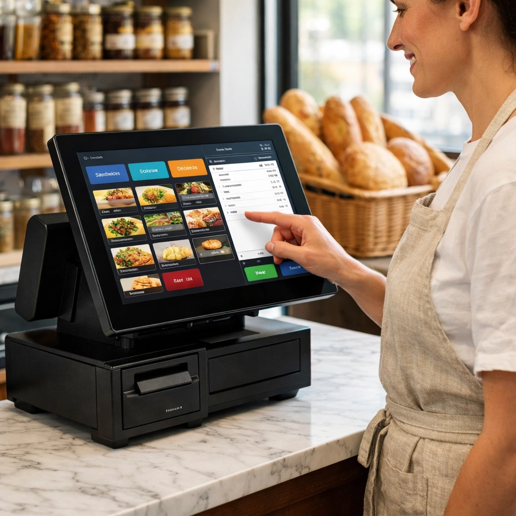 A professional Epos Now till system with a touchscreen display on a modern deli shop counter.