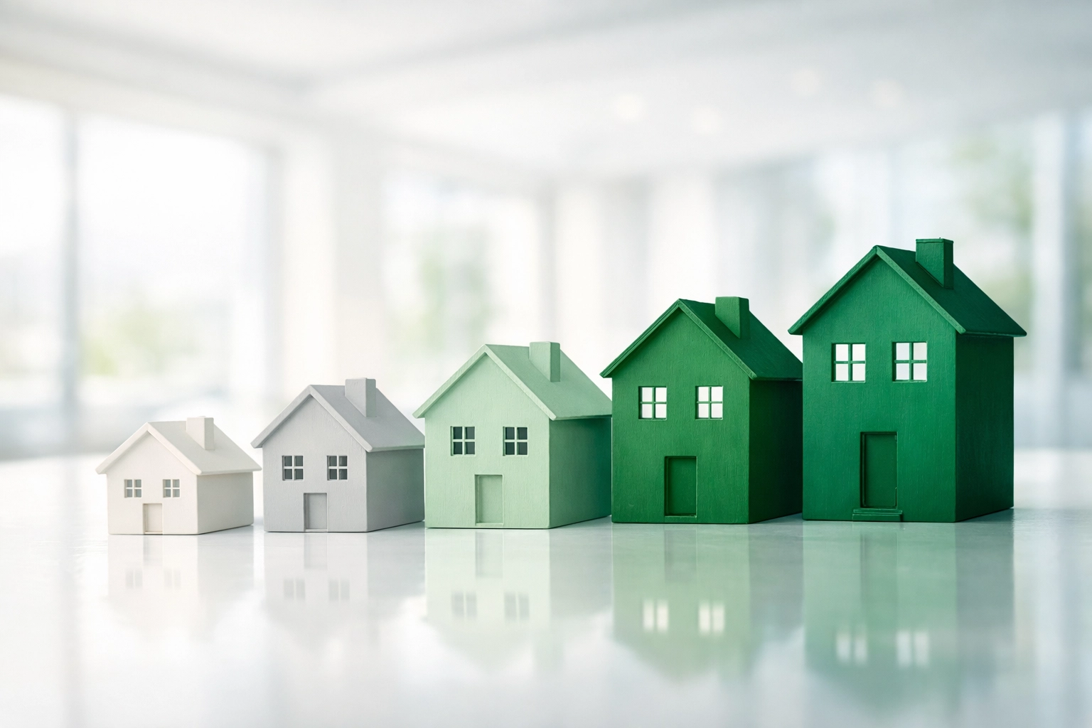 Five house models representing a growing rental property portfolio funded via DSCR loans.