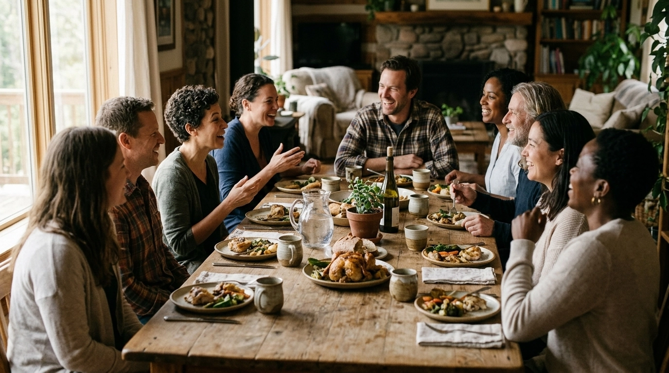 A diverse group of friends sharing a meal and laughter in a warm, sunlit room, representing authentic Christian fellowship.
