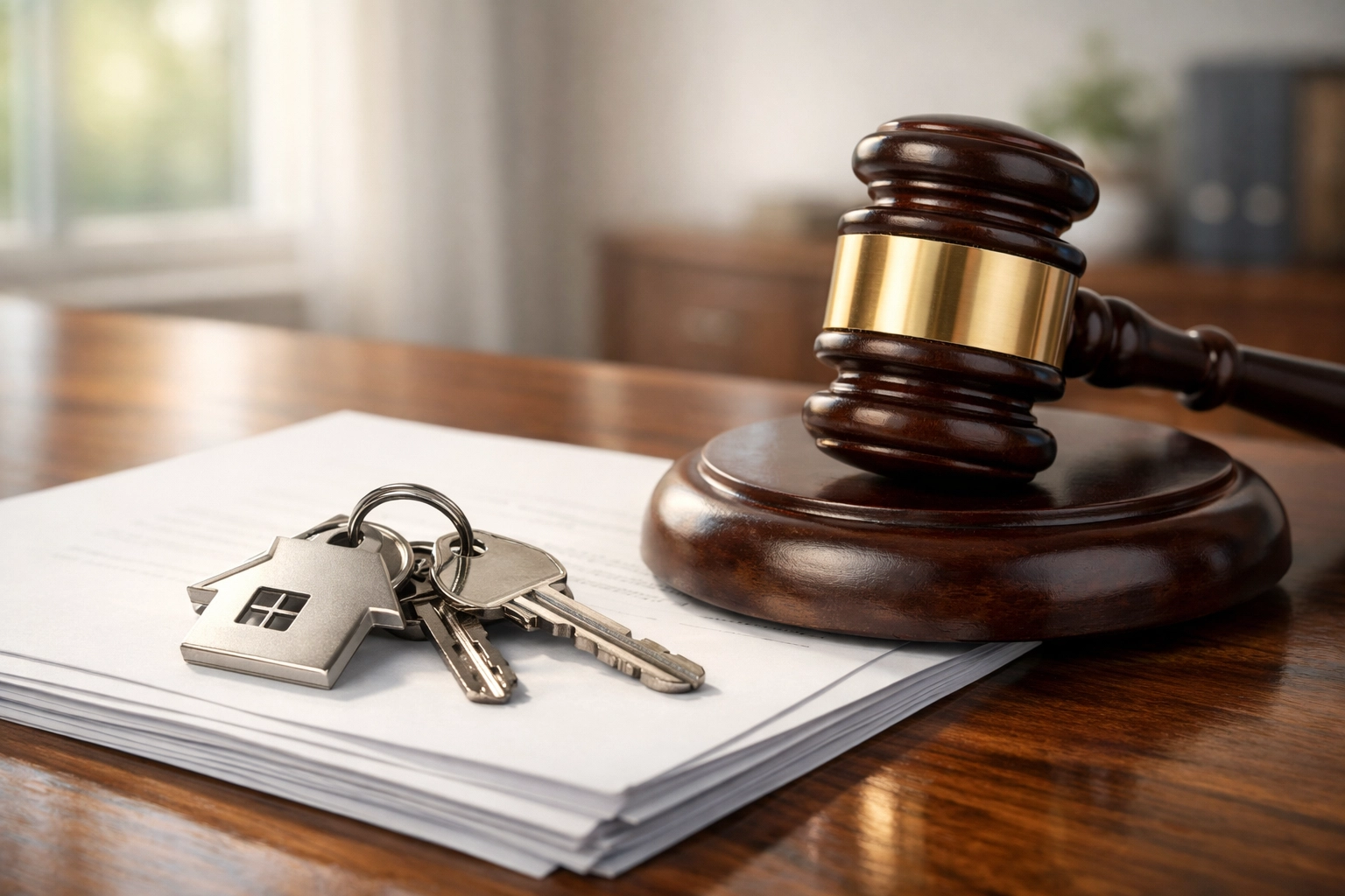 House keys on legal documents next to a judicial gavel representing a bankruptcy court property sale.