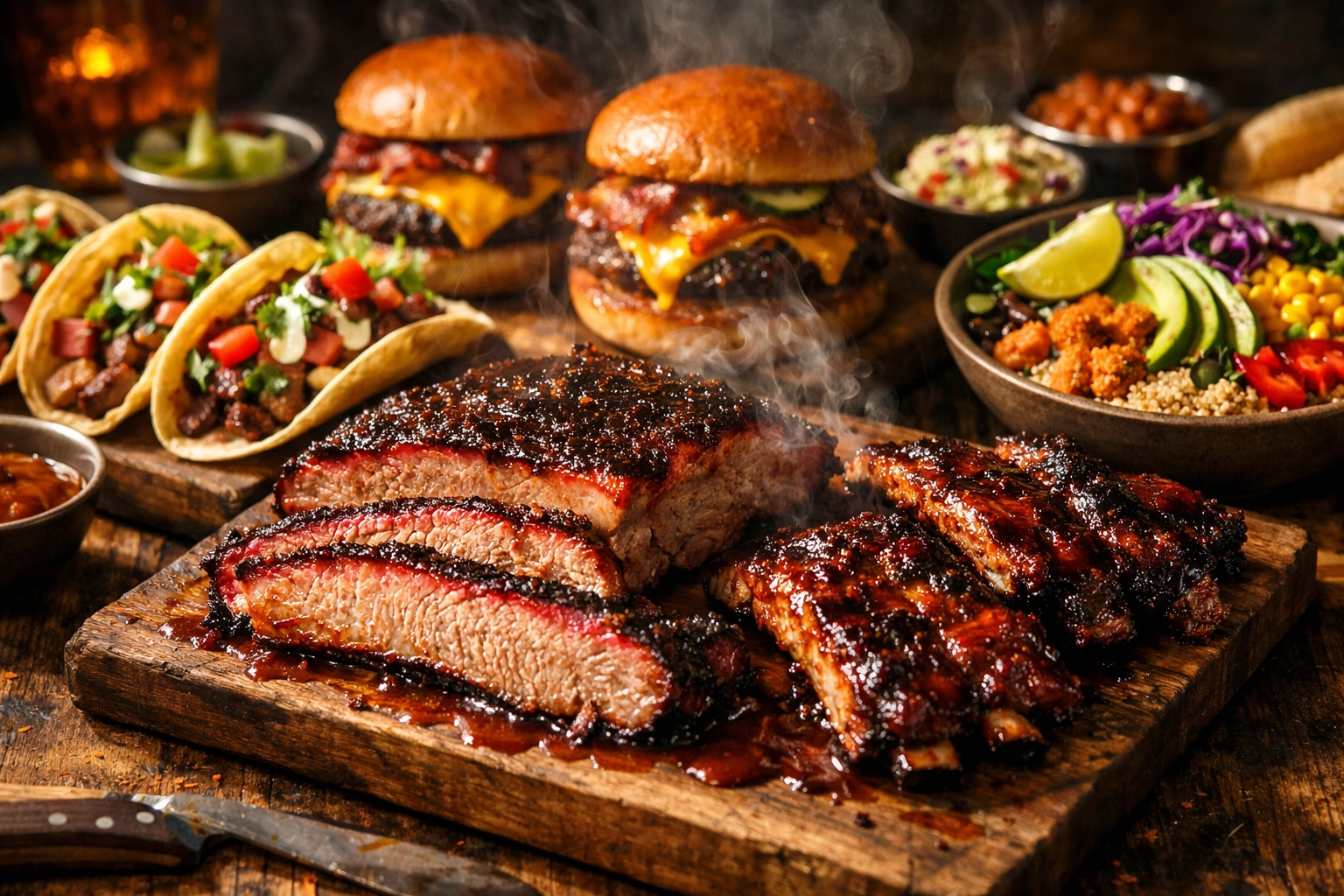 Variety of catering menu options including BBQ brisket, tacos, burgers, and vegan bowls