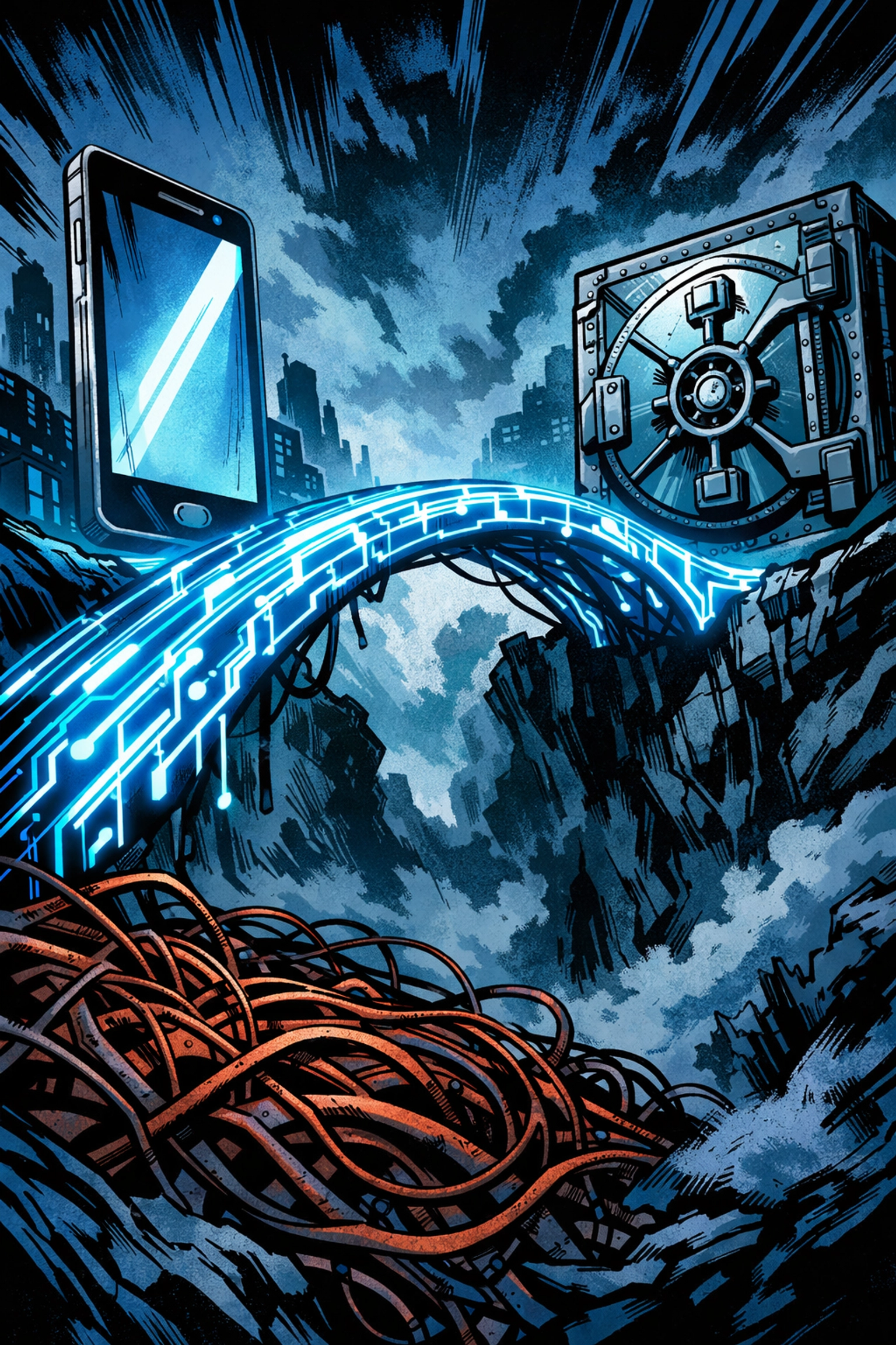 A digital bridge illustration showing pay by bank technology connecting a smartphone directly to a bank vault.