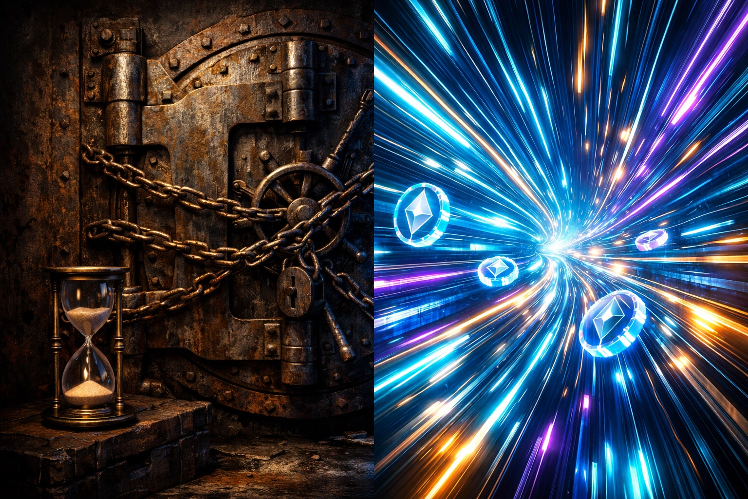 Digital Web3 payment stream vs legacy bank vault representing instant settlement speed.