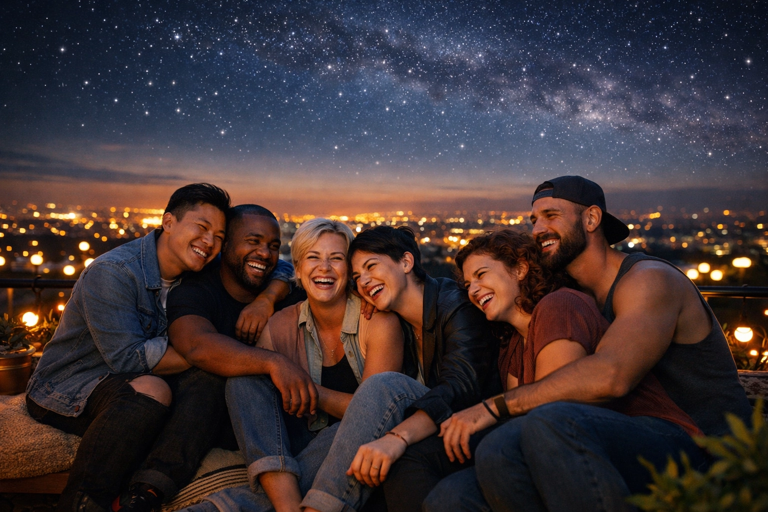 Diverse queer friends laugh on a rooftop at twilight, symbolizing found family and collective LGBTQ+ healing.