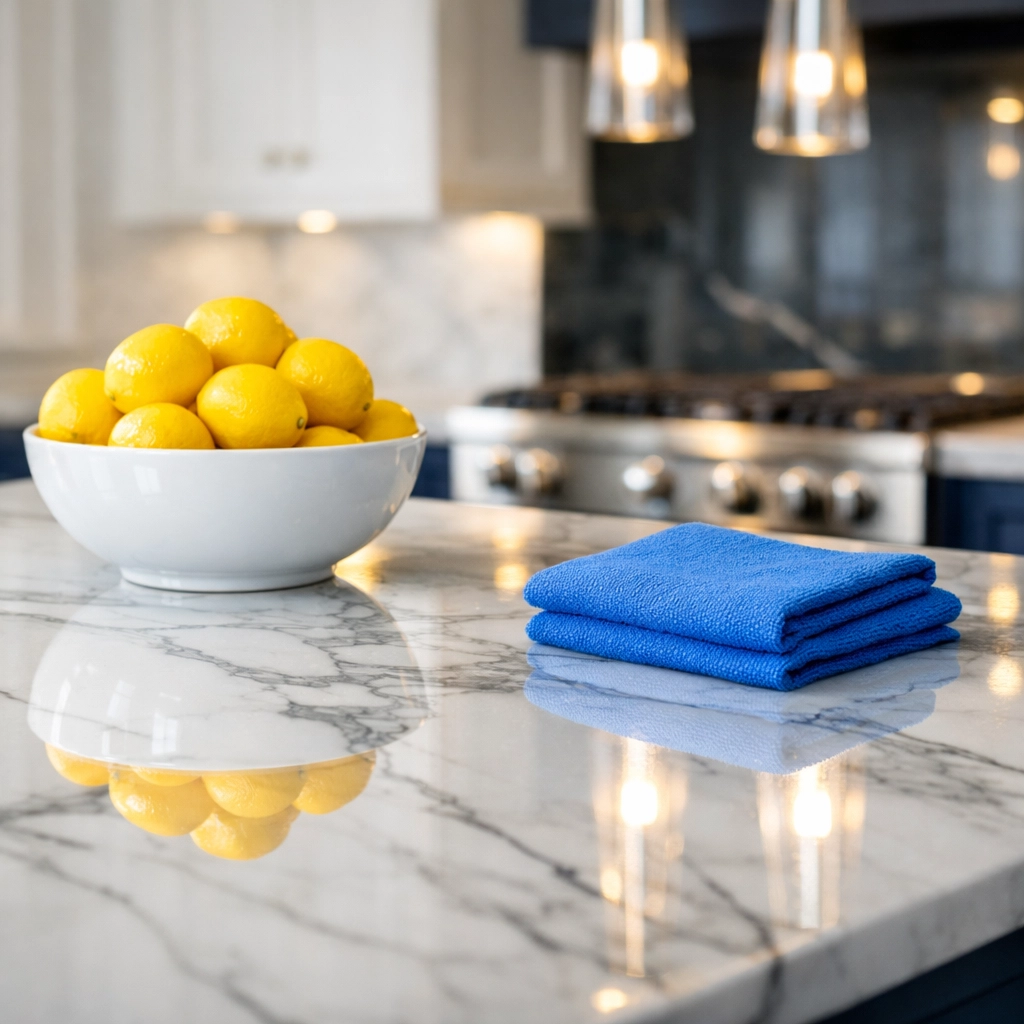 Sparkling marble kitchen island and clean stovetop representing professional residential cleaning in Bolton.