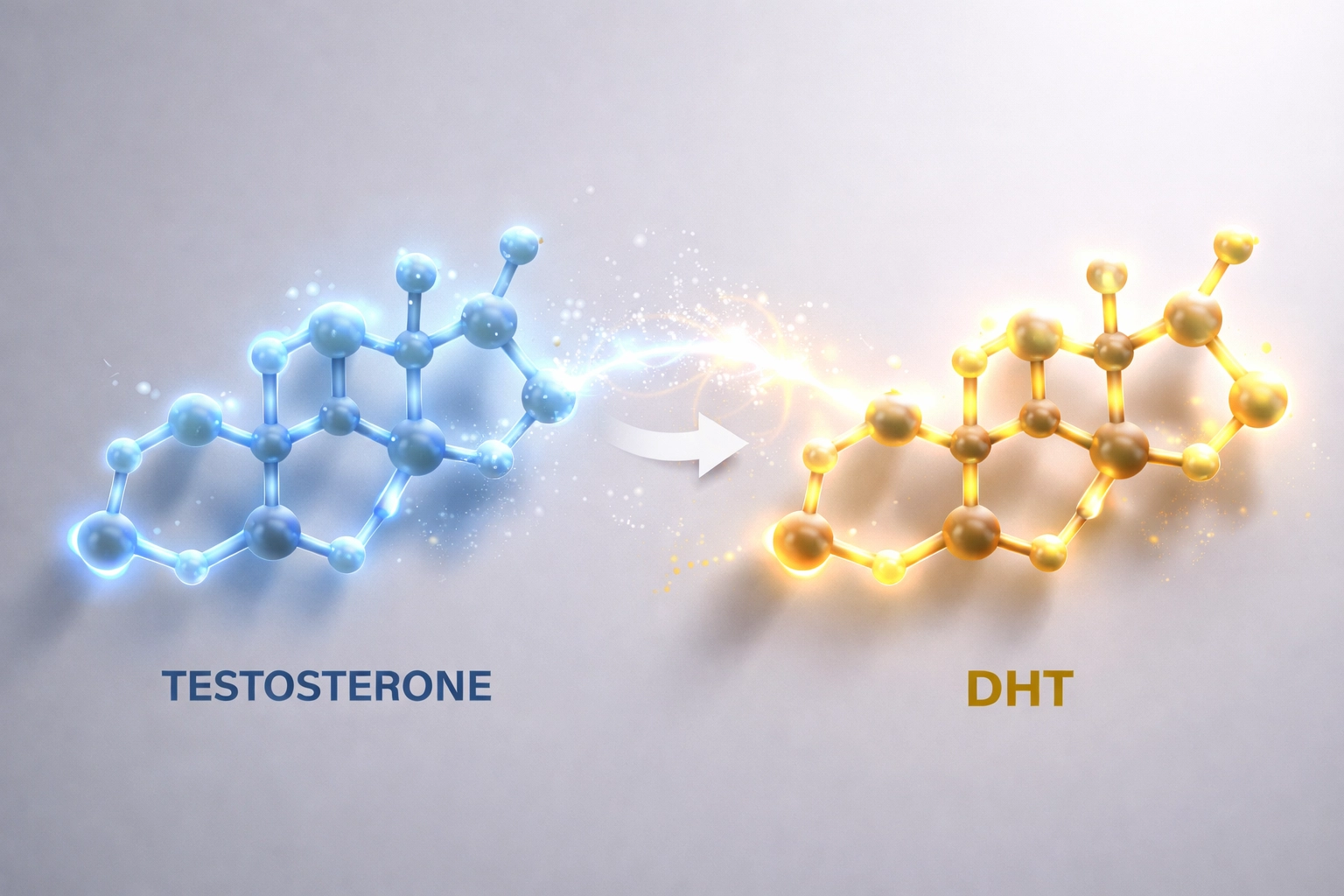 Testosterone molecule converting to potent DHT hormone, highlighting its role in muscle growth