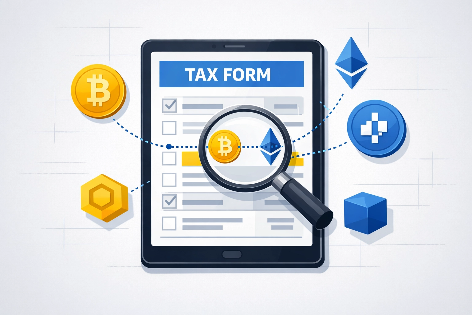 Illustration of a crypto 1099-DA tax form and digital asset icons being audited for IRS data matching.