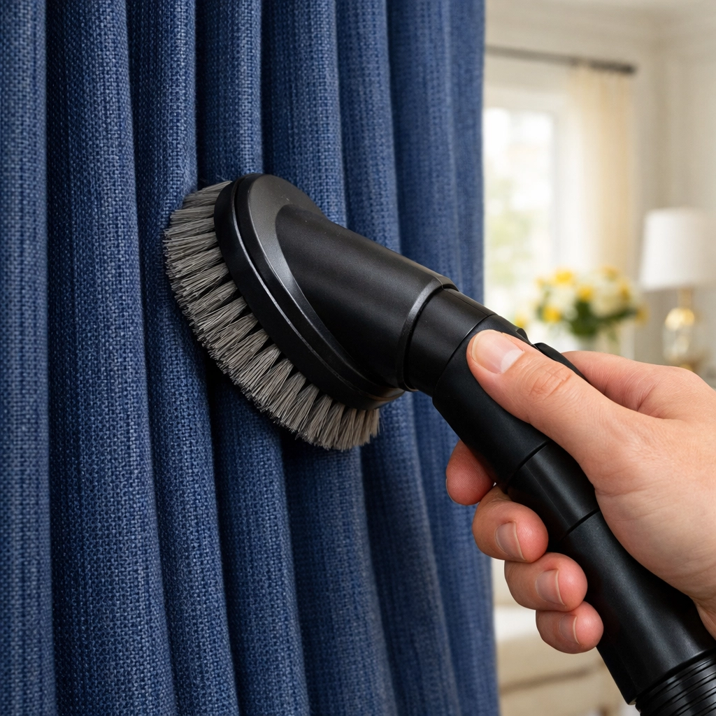 Using a soft brush vacuum attachment to clean dust from navy blue pleated drapery in a sunlit room.