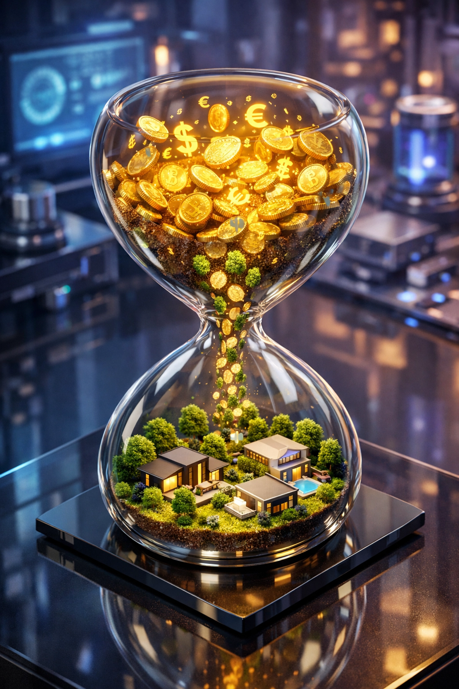 Hourglass with gold coins turning into houses, symbolizing compound interest and the path to retirement.