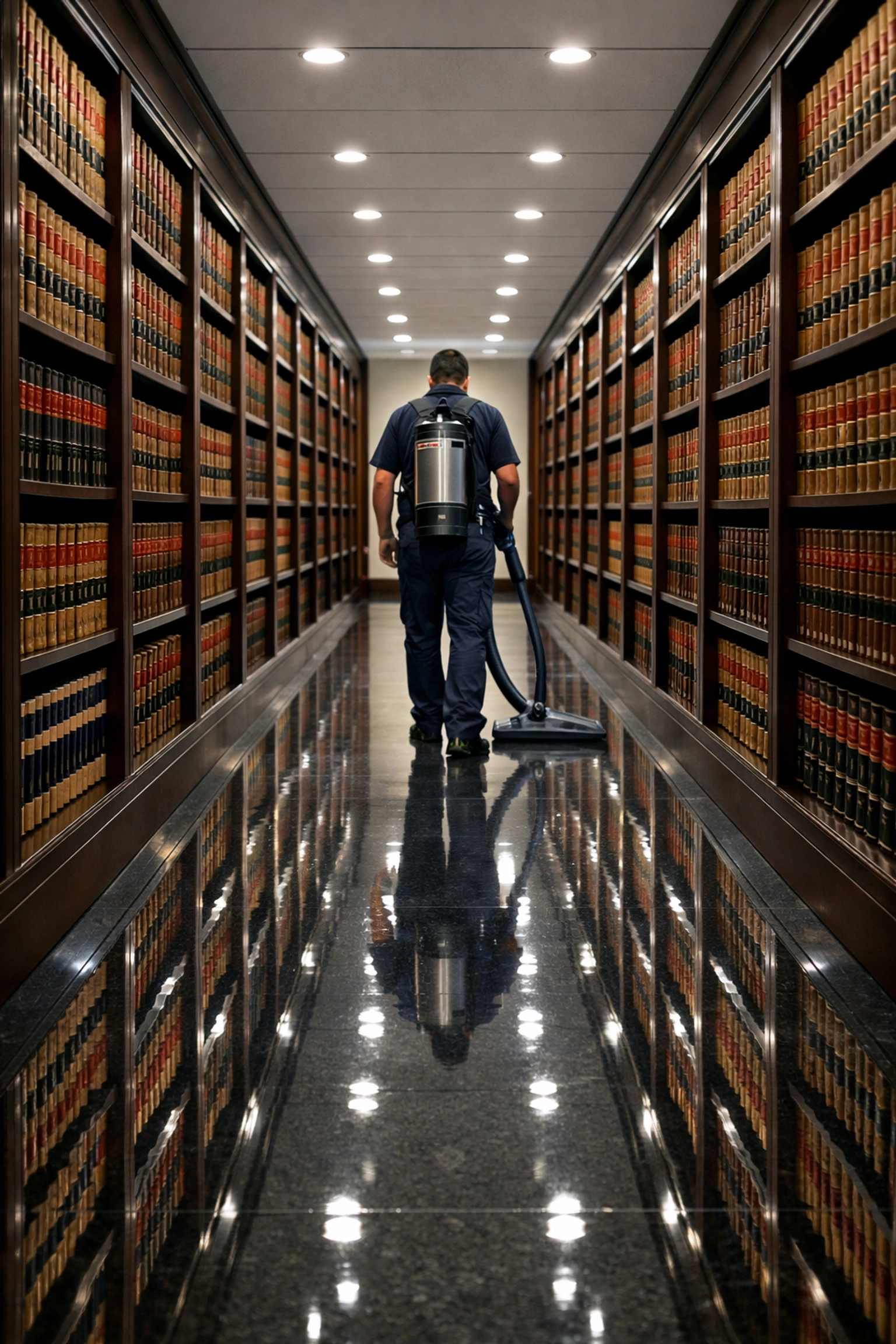 Professional cleaning of a law firm library with polished floors and HEPA vacuuming for superior air quality.