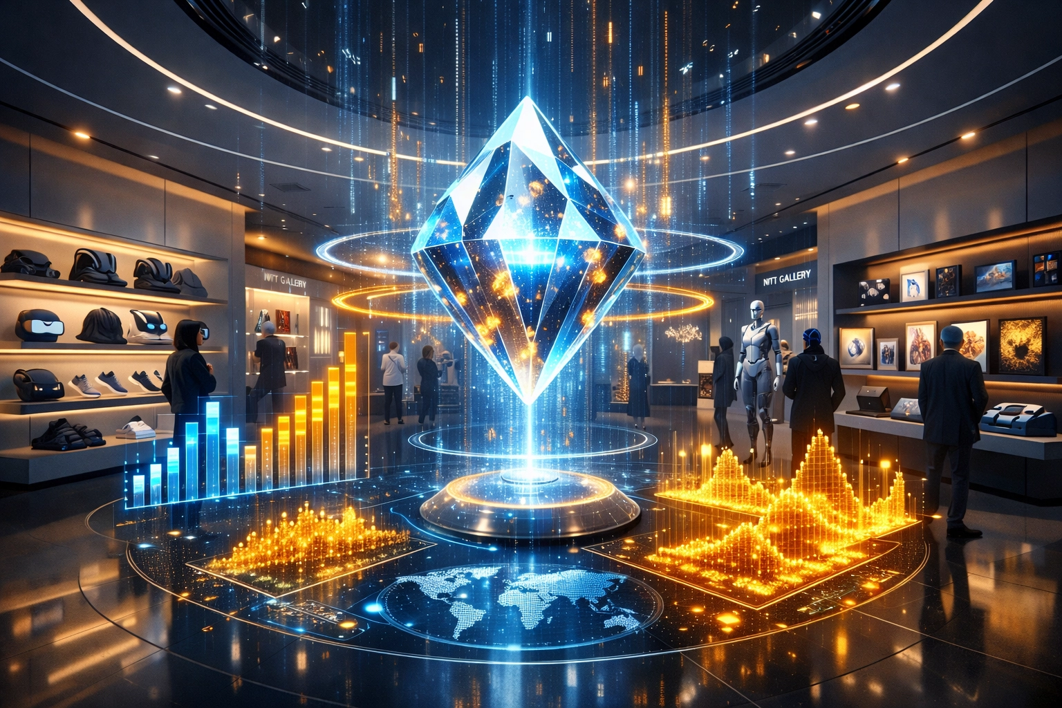 A futuristic metaverse store showroom with digital visualizations for AI-powered crypto merchant analytics.