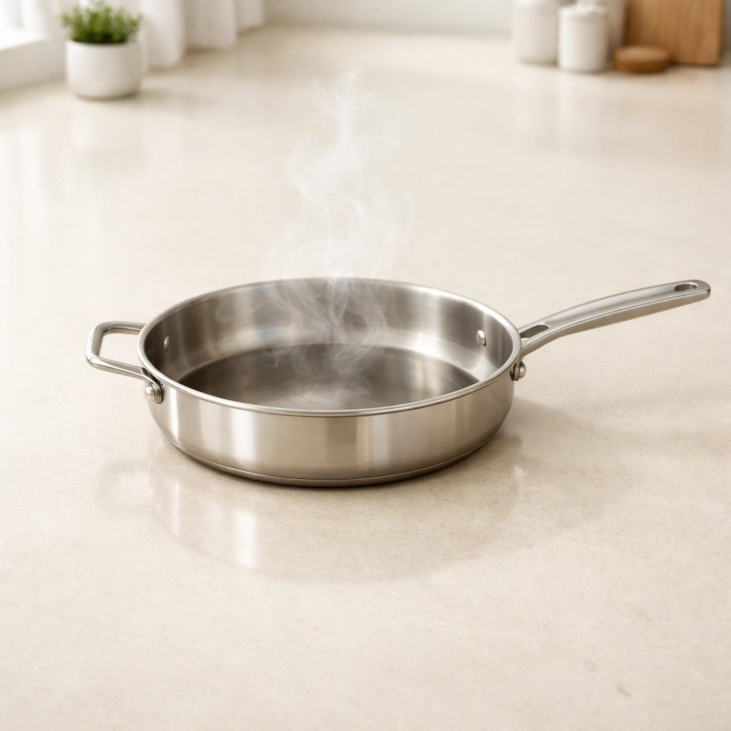 Hidden induction cooktop heating a pan on a seamless porcelain countertop in a Tempe kitchen remodel.