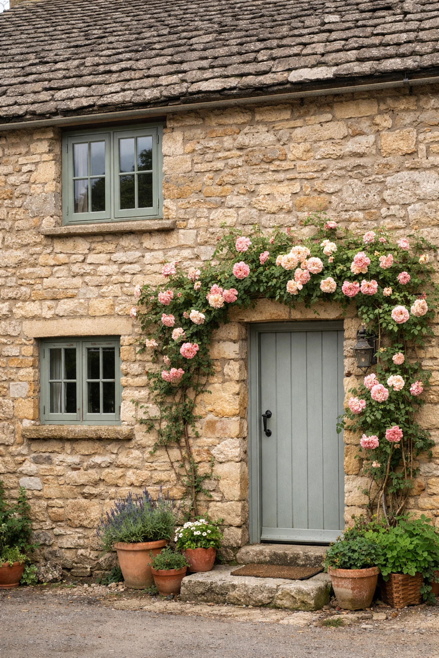 Traditional Cotswolds stone cottage with heritage painted woodwork and limestone walls