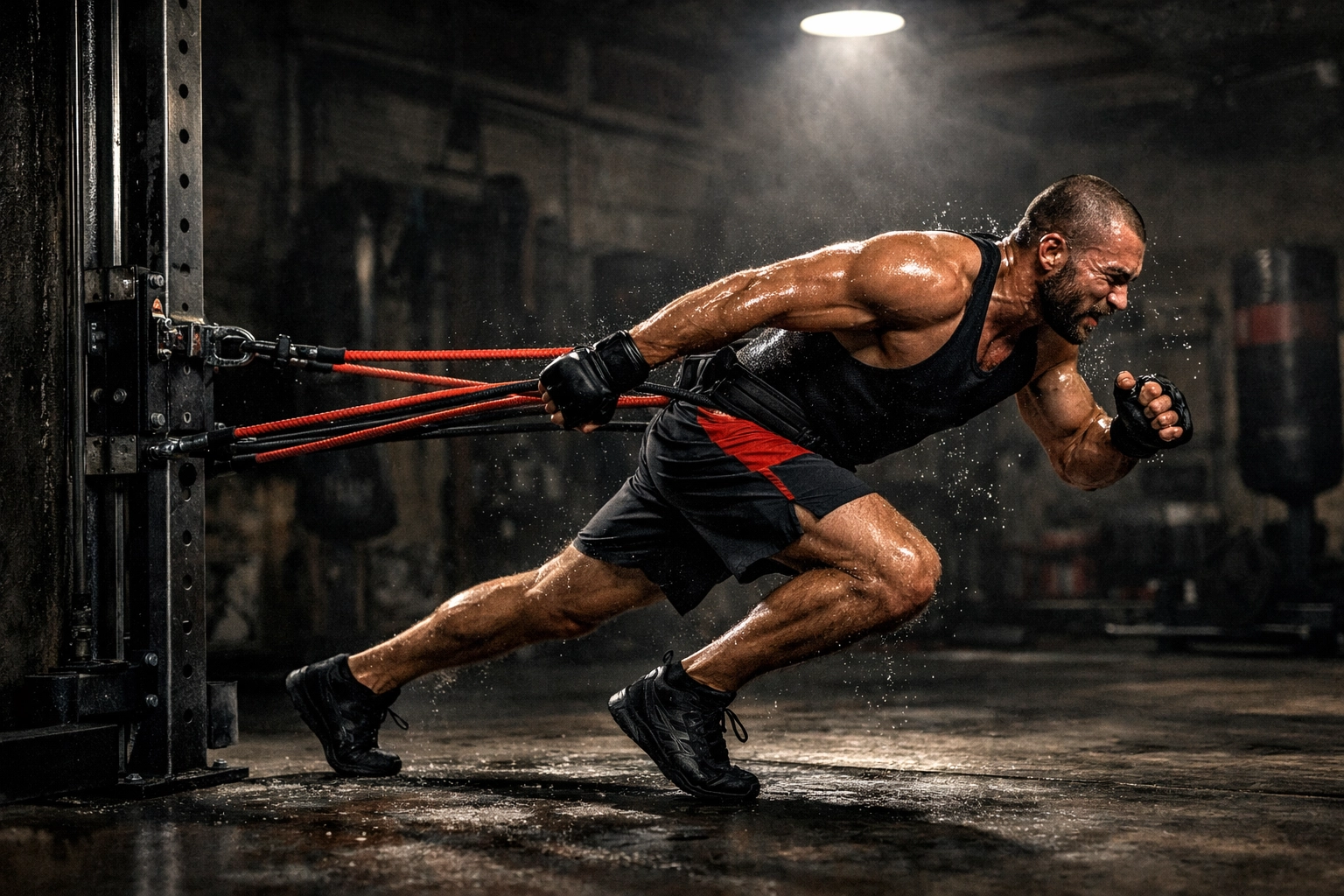 MMA fighter performing explosive resistance training with heavy bands anchored to a sturdy vertical rail.