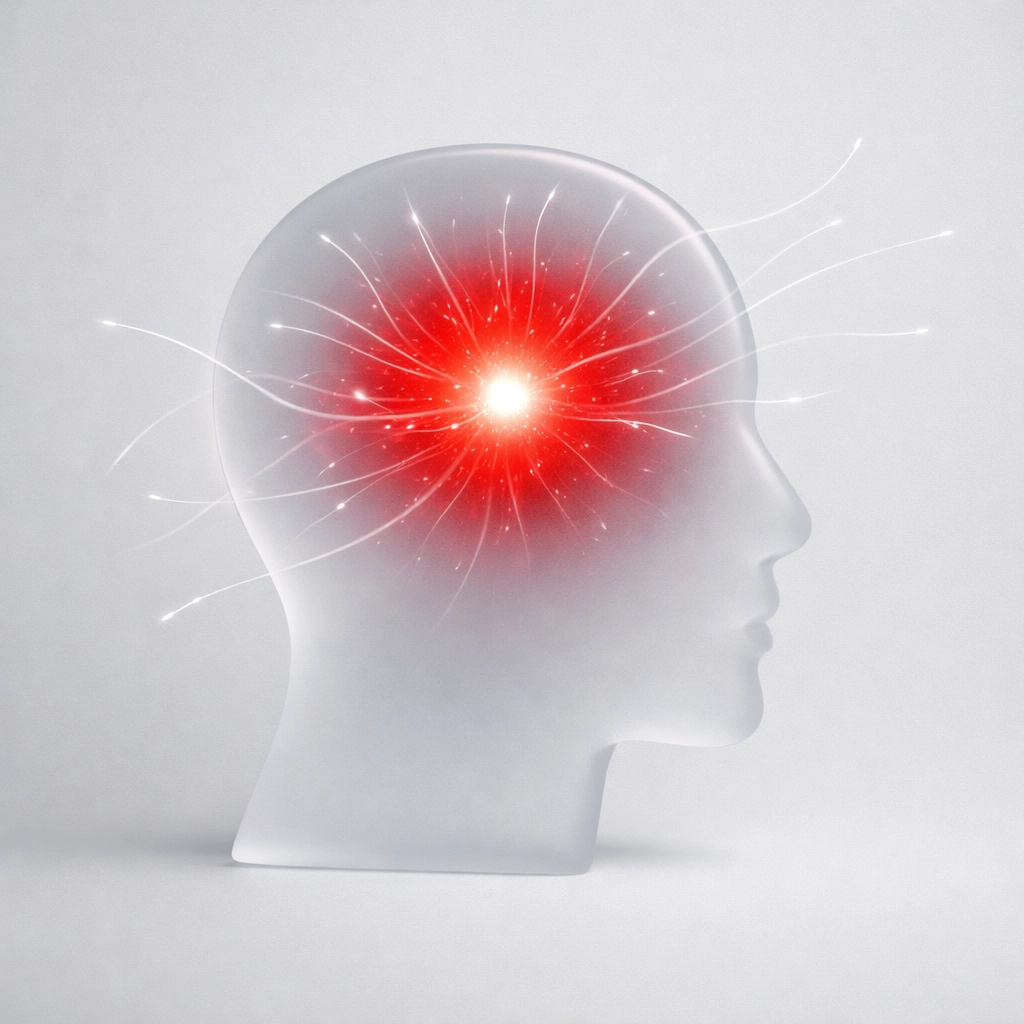 Abstract glass head with a glowing red core representing human search intent for expert seo services.
