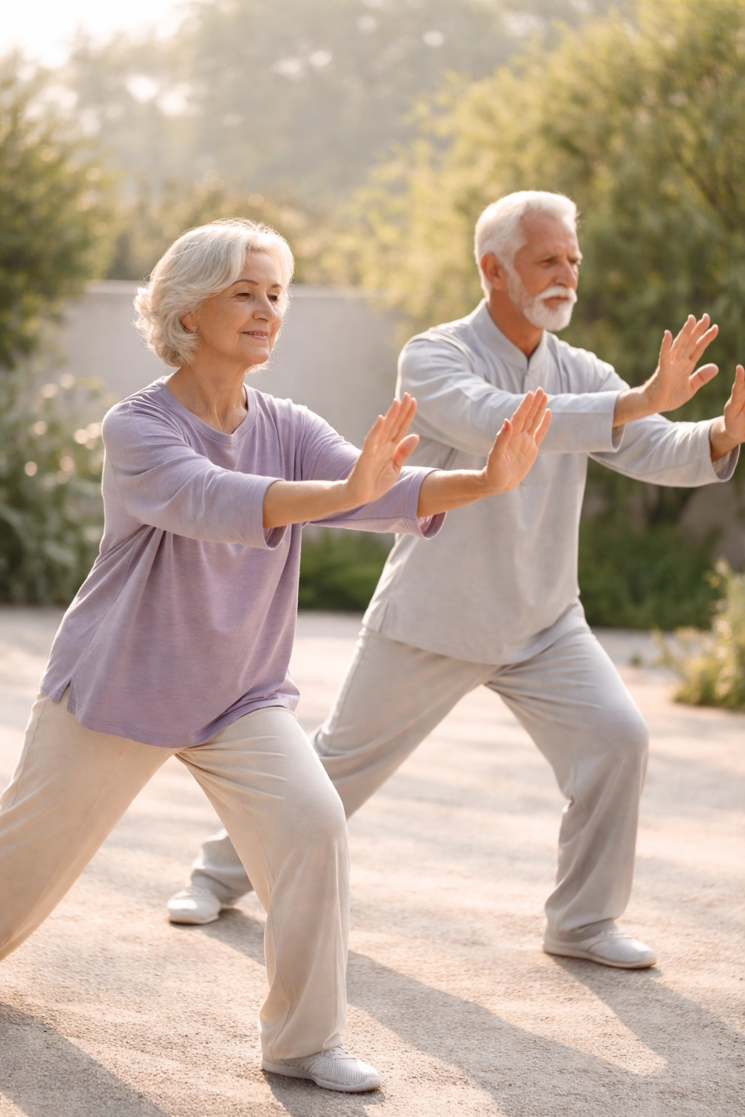 Older couple in their 70s practicing tai chi in a garden, highlighting balance and gentle cardio for seniors.