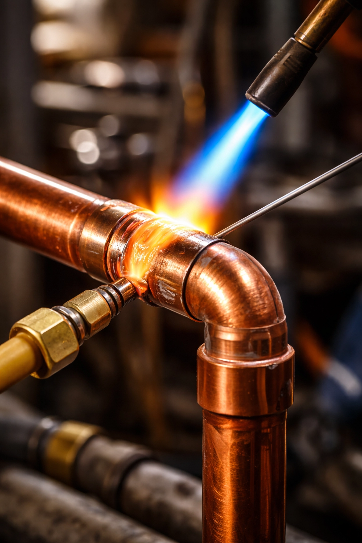 Close-up of copper pipe brazing with nitrogen flow to prevent oxidation in air conditioning systems