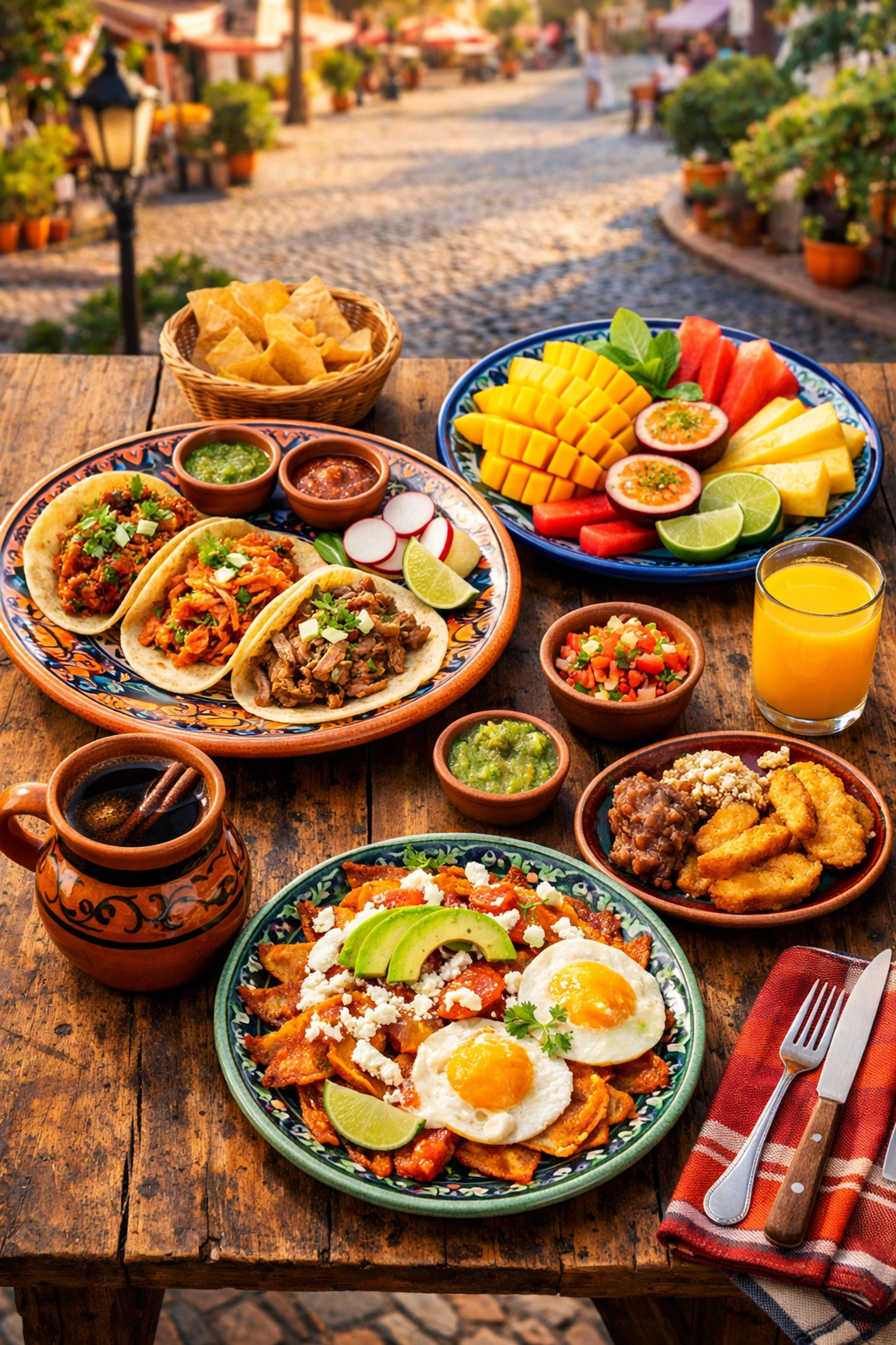 Traditional Mexican breakfast at outdoor café in Puerto Vallarta Old Town plaza