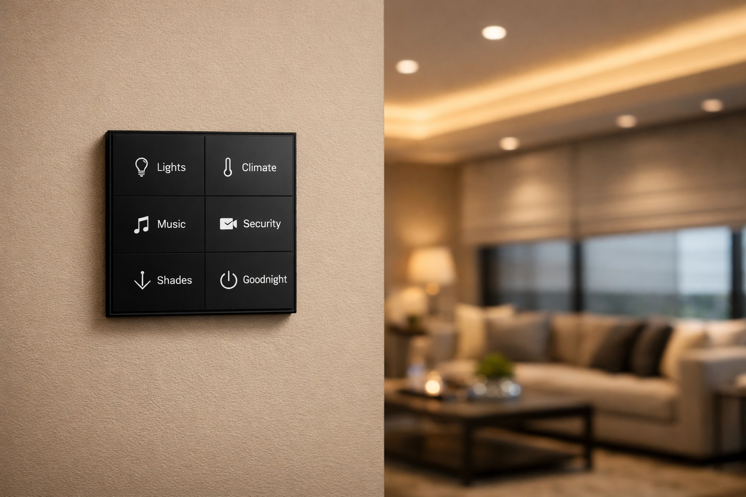 Sleek smart home control keypad for integrated lighting and automation in a modern Scottsdale residence.