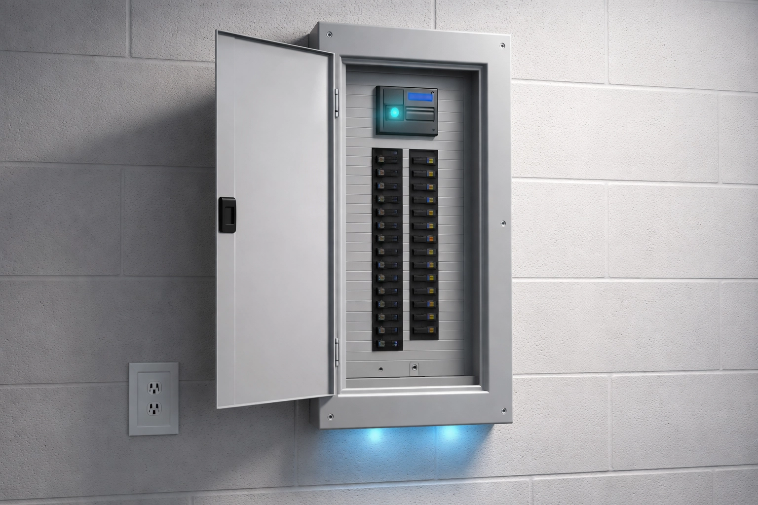 Brand-new American electrical panel illustrating code-compliant whole house surge protection installation