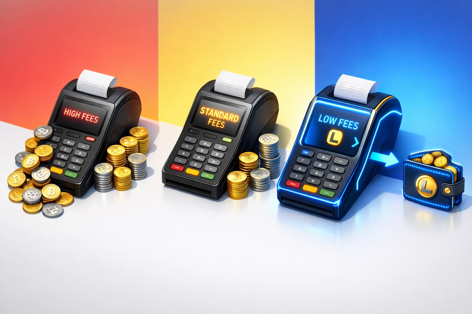 Crypto payment terminal fee comparison showing NOWPayments, CoinPayments, and Larecoin transaction costs