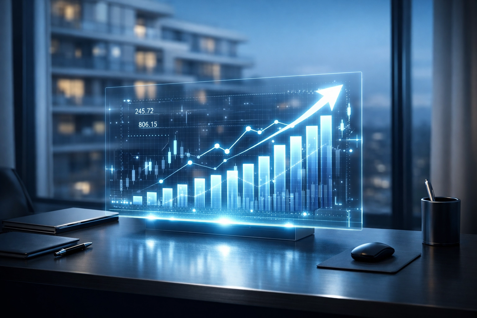 Holographic graphs showing rising profit margins and EBITDA in a modern property management office.