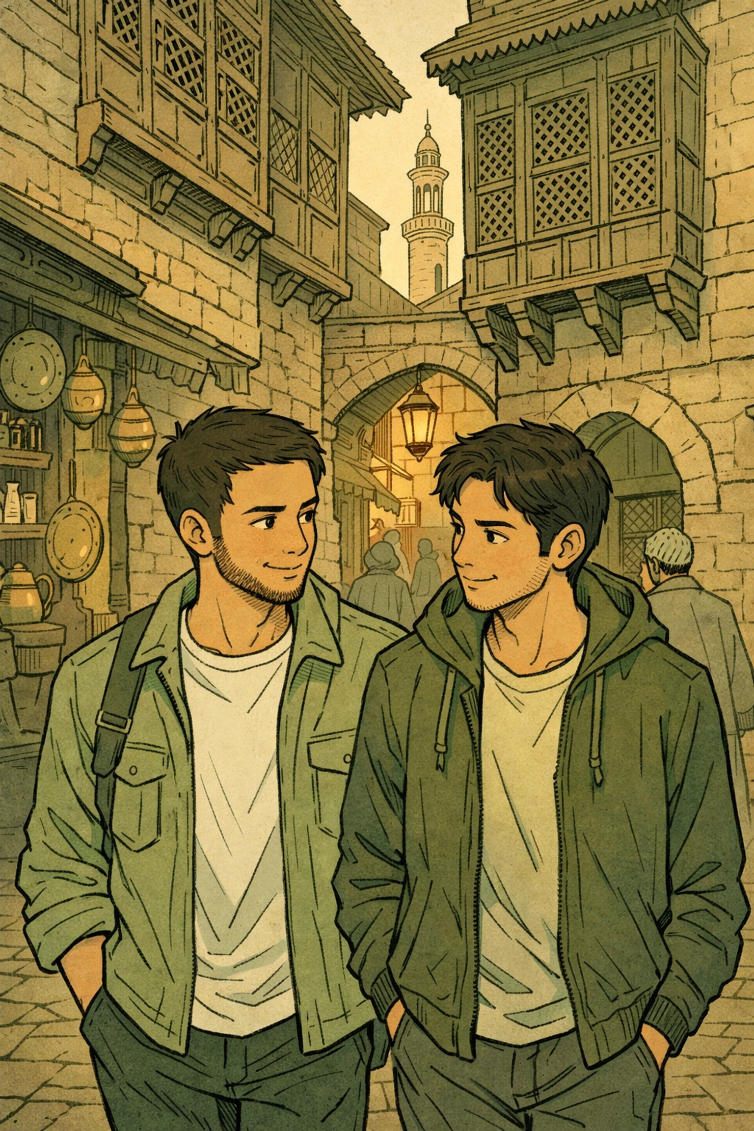 Two men walking through Islamic Cairo alleyway in contemporary gay romance story