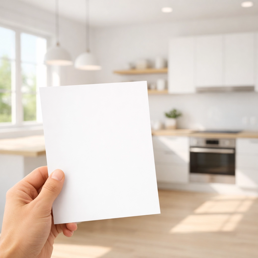 Custom kitchen design starting with blank planning sheet in bright empty kitchen space