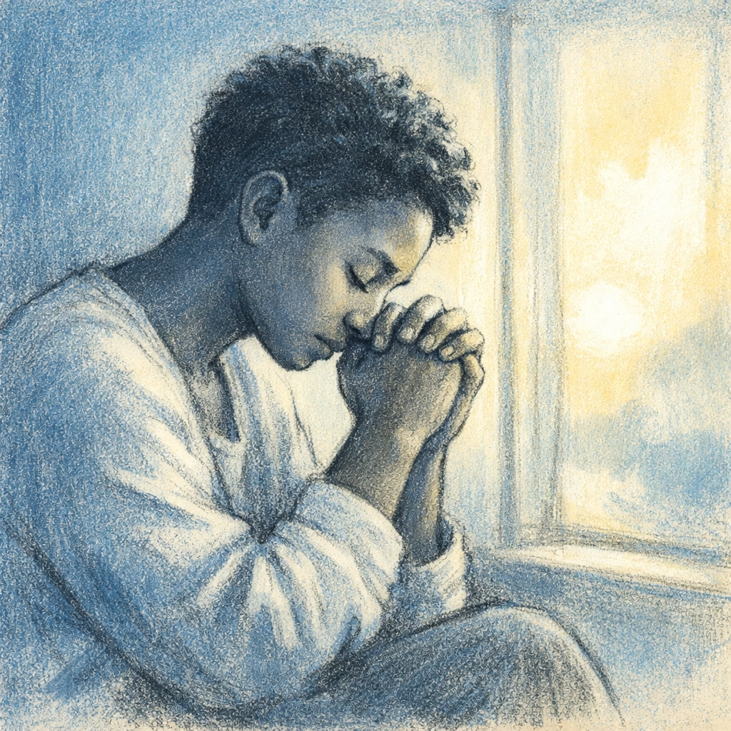 Person praying peacefully by window in quiet time with God