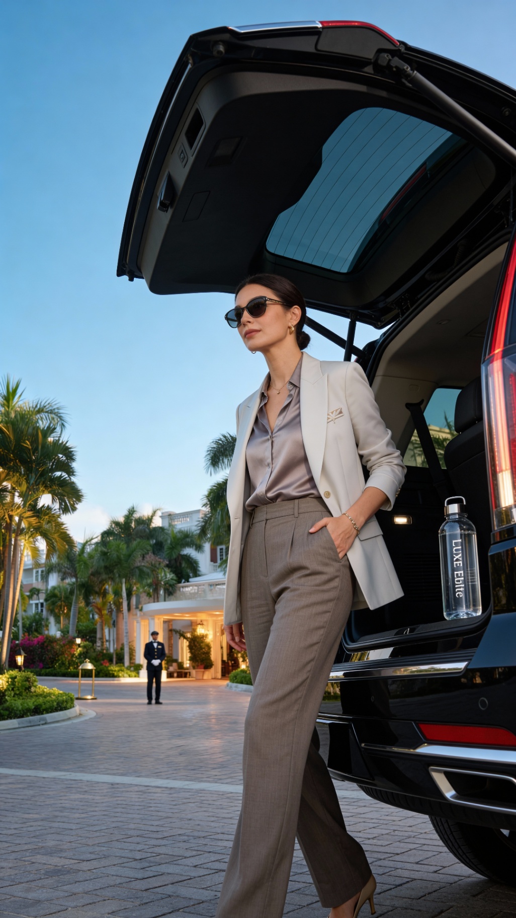 A woman exits a luxury SUV at an upscale hotel entrance
