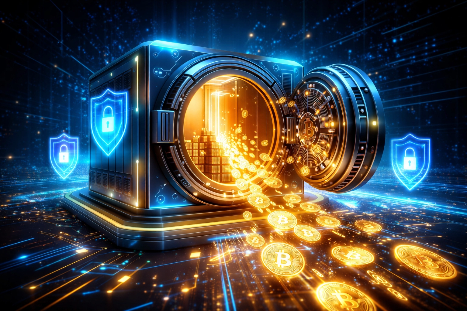 A secure digital vault in cyberspace safeguards cryptocurrency tokens, illustrating self-custody and financial control.