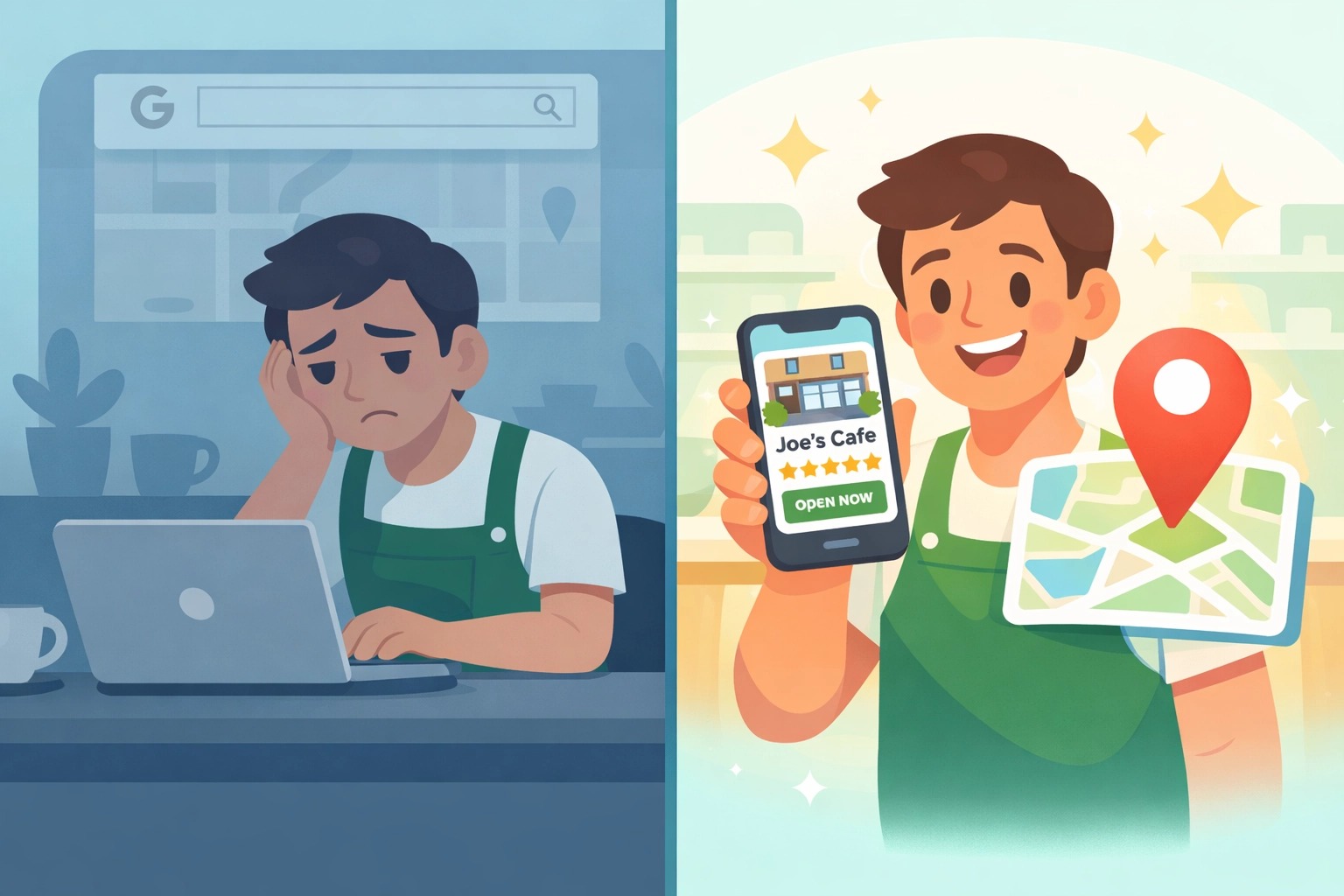 Business owner comparing hidden vs visible Google Business Profile on Google Maps