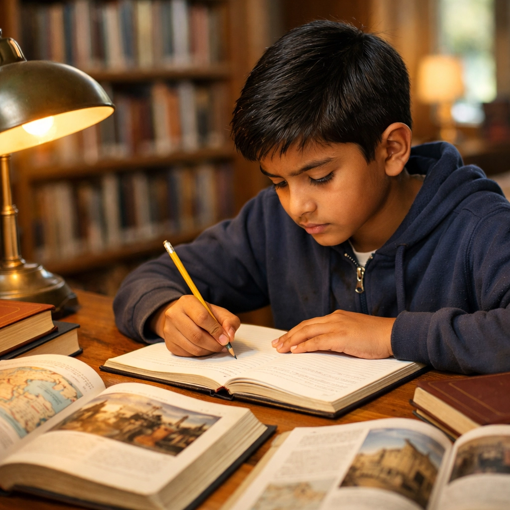 Young student writing in library surrounded by history books building confidence