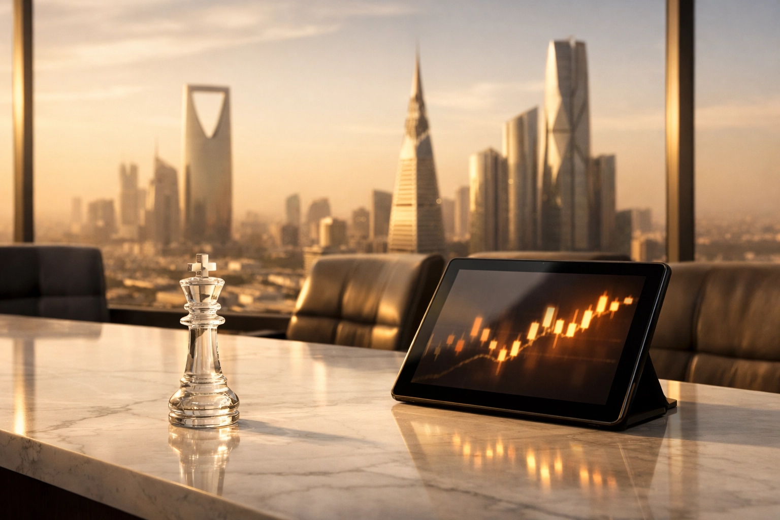 Professional boardroom in Riyadh overlooking the skyline, symbolizing strategic M&A and IPO exit decisions.
