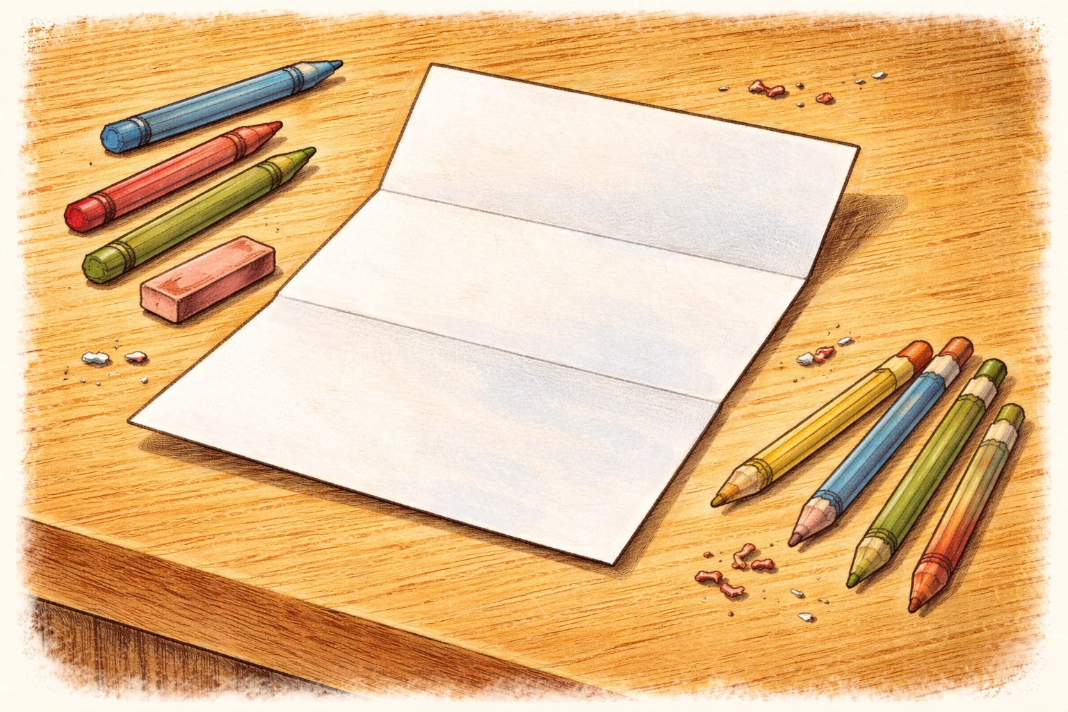 Folded paper in three sections with colored pencils, ready for the Draw-and-Switch Creature Game setup