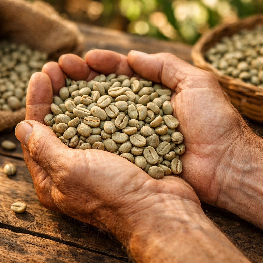 Hands holding raw green specialty coffee beans representing ethical sourcing and sustainability.