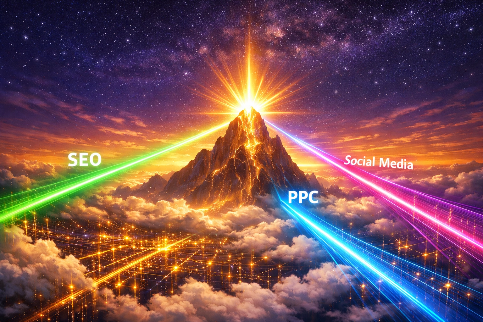 Digital visualization of integrated SEO, PPC management, and social media marketing Toronto for search dominance.