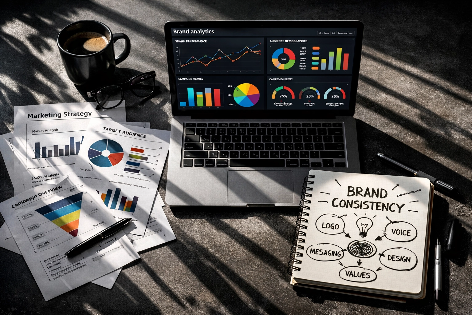 Marketing strategy desk with brand analytics dashboards and advertising performance data