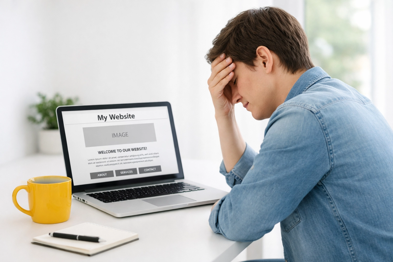 Frustrated small business owner struggling with DIY website template at desk