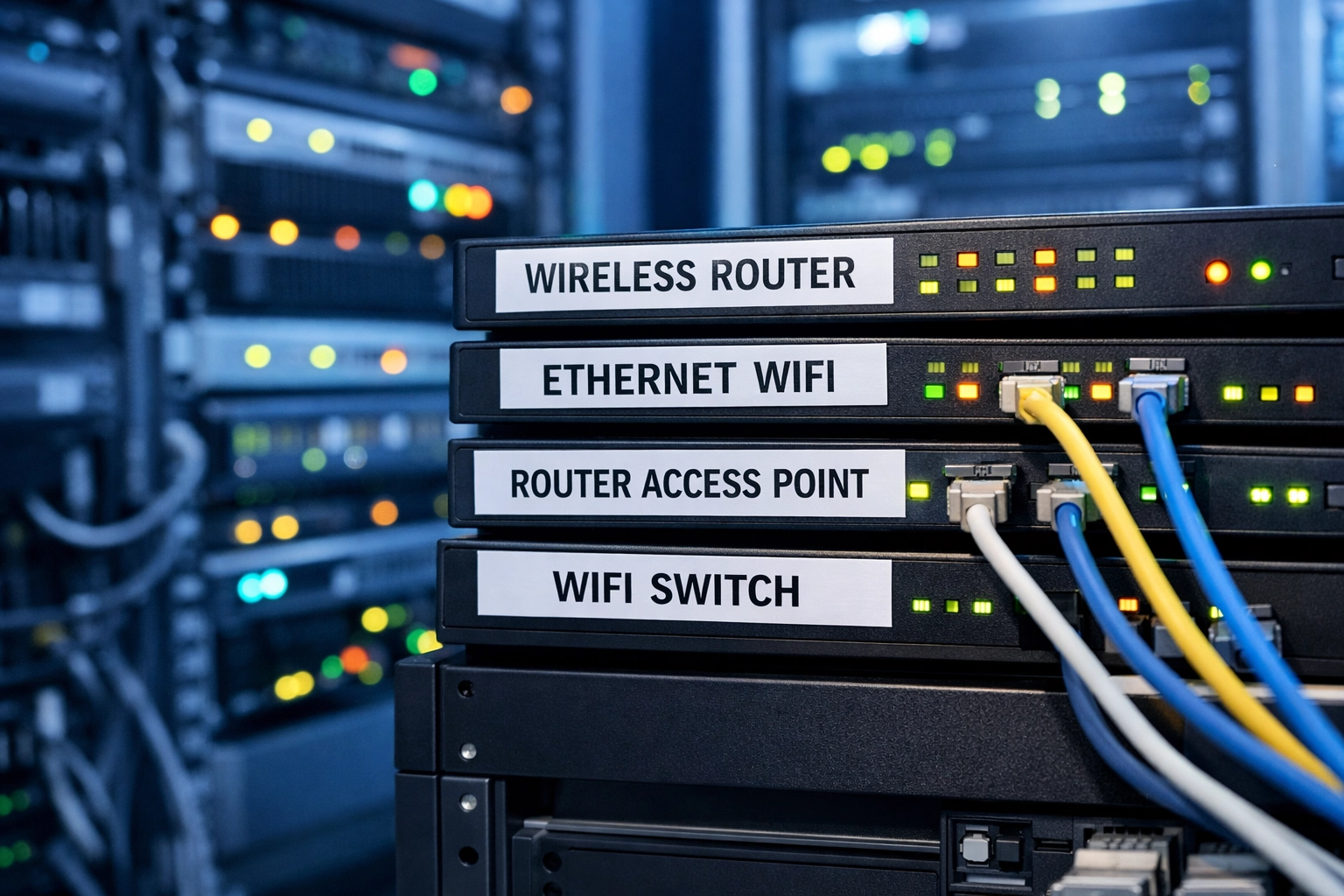 Server room with network equipment showing device misclassification errors in ServiceNow ITOM